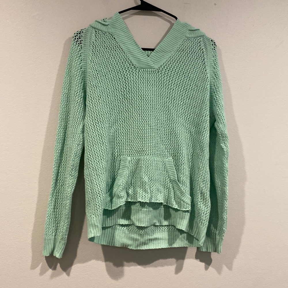 Teal Knitted Sweater with Hood and Faux Pocket - Shirt 469 - Size Small